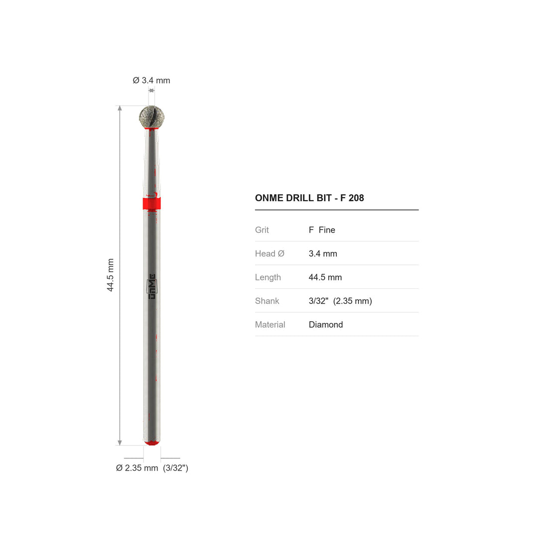 ONME F 208 ball with cooling groove diamond nail drill bit: 3.4 mm head, 44.5 mm long, 3/32 inch shank, grit F