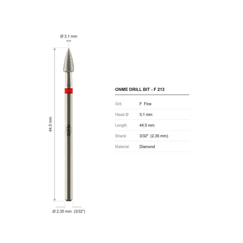 ONME F 213 conical diamond nail drill bit: 3.1 mm head, 44.5 mm long, 3/32 inch shank, grit F