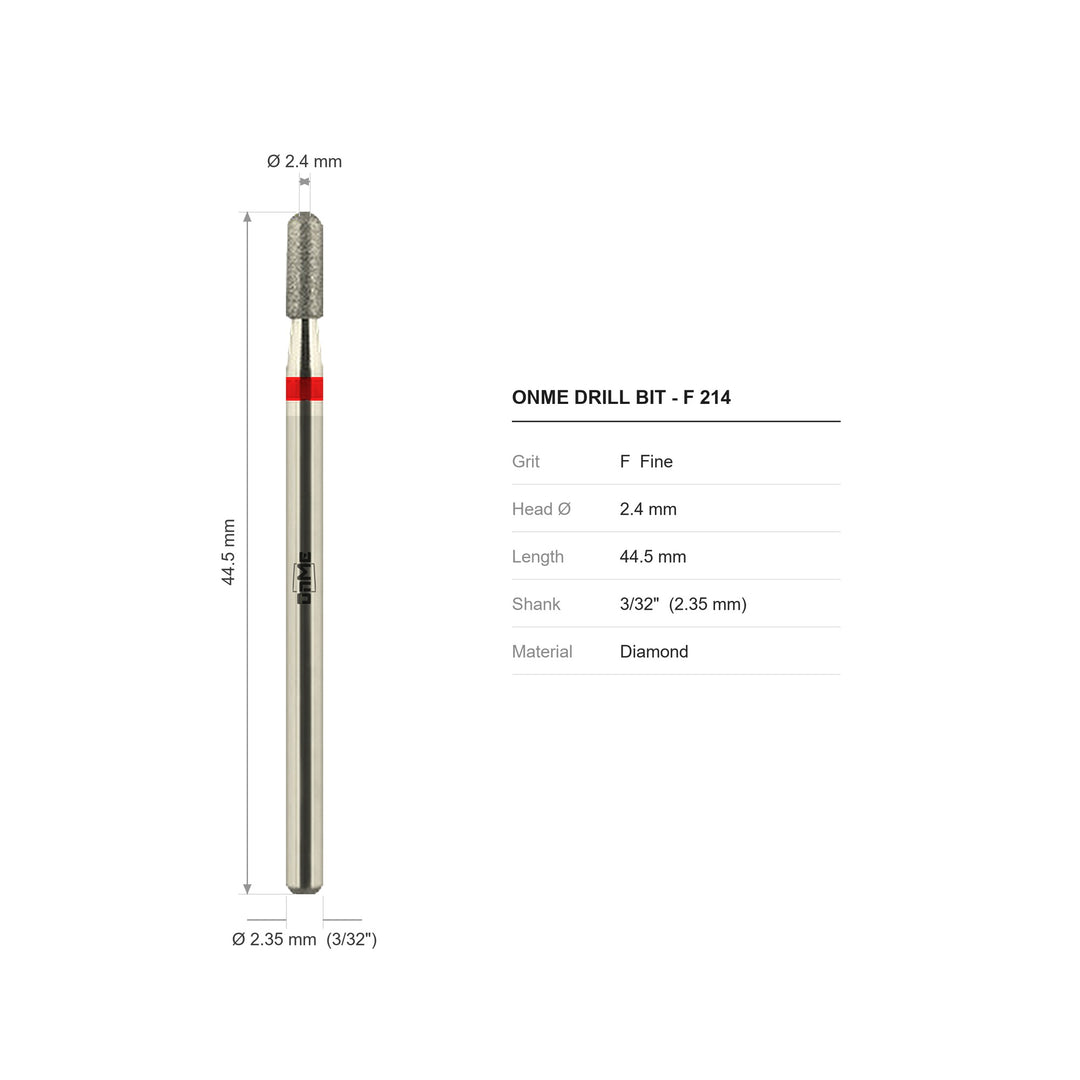 ONME F 214 rounded-top barrel diamond nail drill bit: 2.4 mm head, 44.5 mm long, 3/32 inch shank, grit F