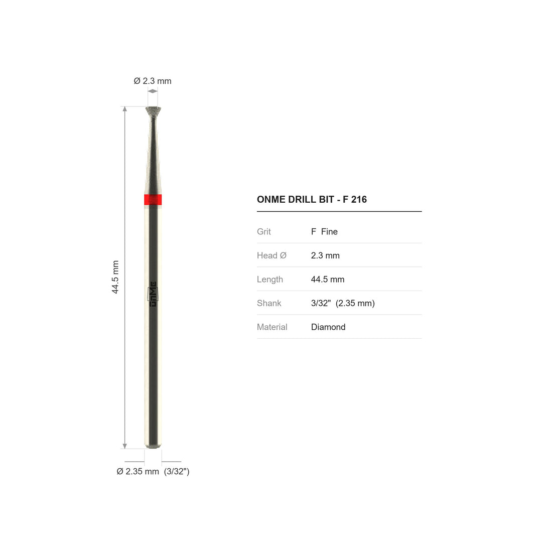 ONME F 216 inverted cone diamond nail drill bit: 2.3 mm head, 44.5 mm long, 3/32 inch shank, grit F
