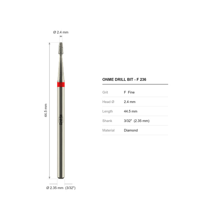 ONME F 236 tapered diamond nail drill bit: 2.4 mm head, 44.5 mm long, 3/32 inch shank, grit F