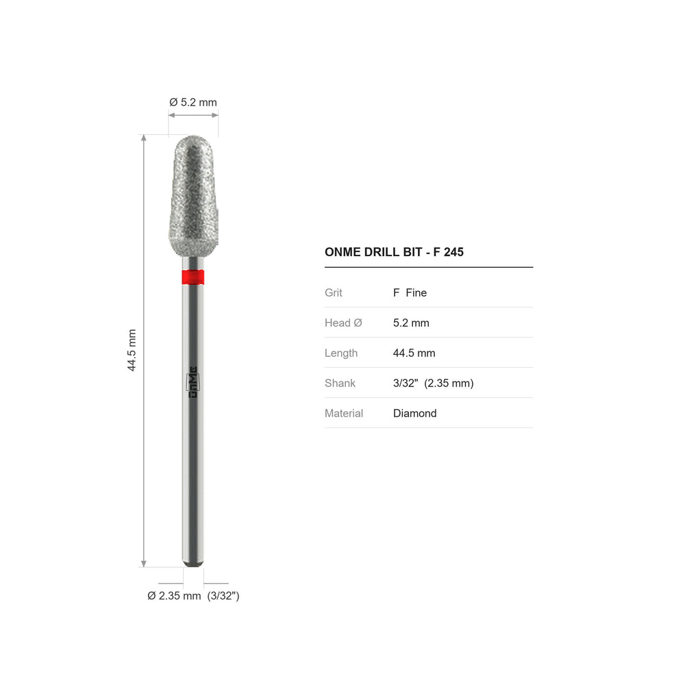 ONME F 245 conical diamond nail drill bit: 5.2 mm head, 44.5 mm long, 3/32 inch shank, grit F