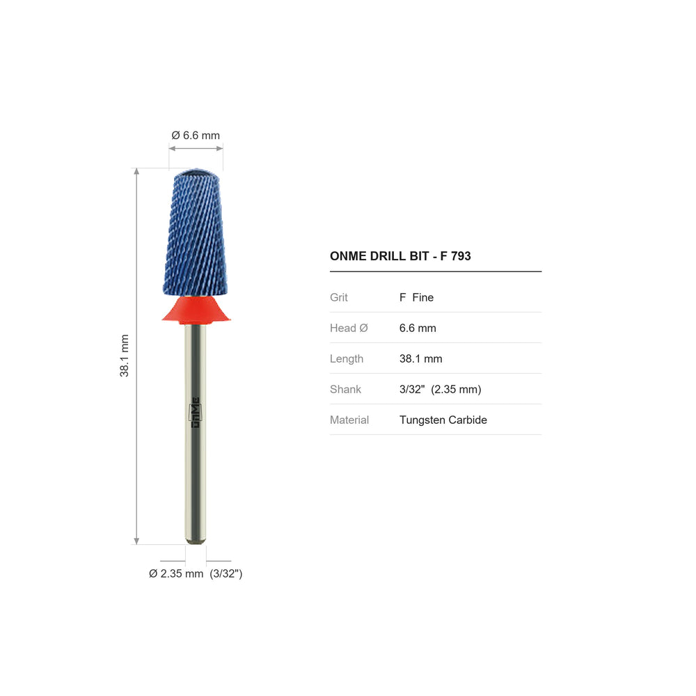 ONME F 793 smooth tapered barrel carbide nail drill bit: 6.6 mm head, 38.1 mm long, 3/32 inch shank, grit F