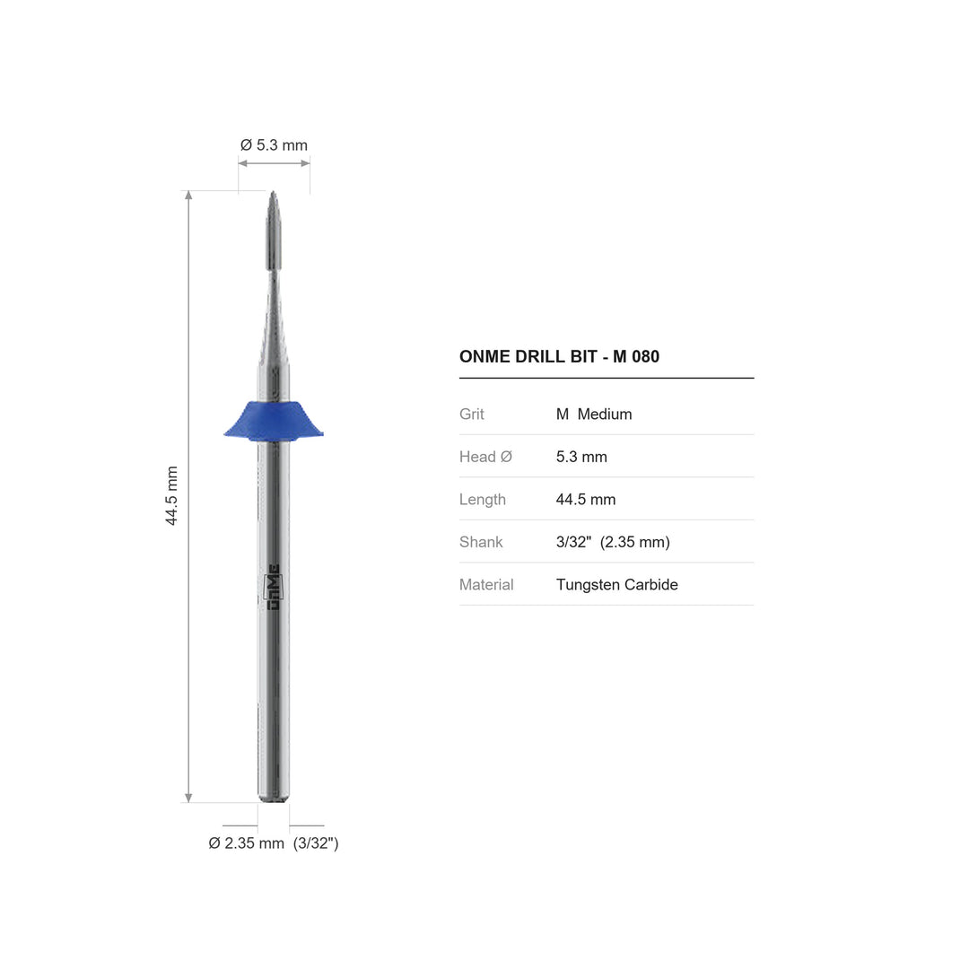 ONME M 080 flame polygon carbide nail drill bit: 7.3 mm head, 44.5 mm long, 3/32 inch shank, grit M