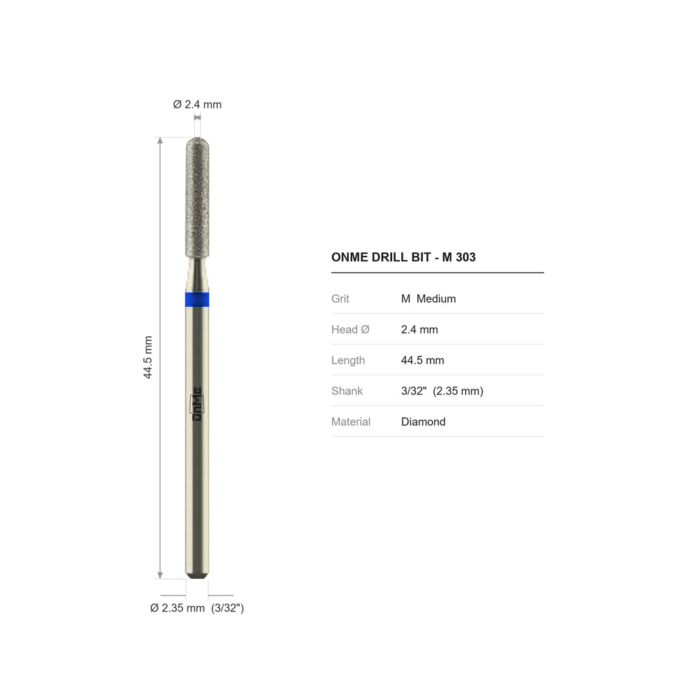 ONME M 303 rounded-top barrel diamond nail drill bit: 2.4 mm head, 44.5 mm long, 3/32 inch shank, grit M