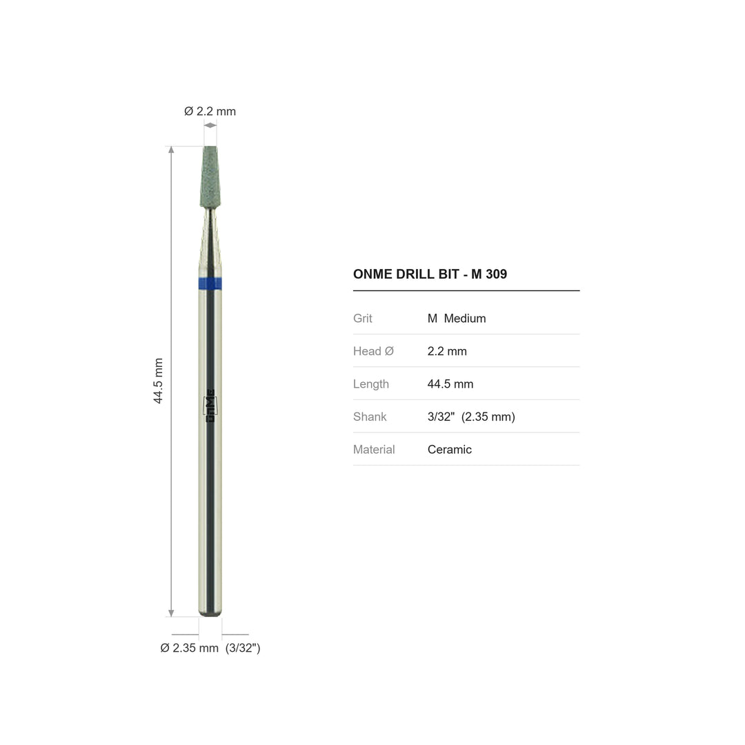 ONME M 309 cone ceramic nail drill bit: 2.2 mm head, 44.5 mm long, 3/32 inch shank, grit M