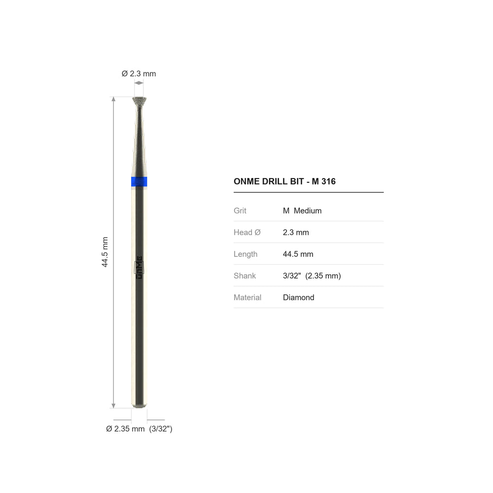 ONME M 316 inverted cone diamond nail drill bit: 2.3 mm head, 44.5 mm long, 3/32 inch shank, grit M