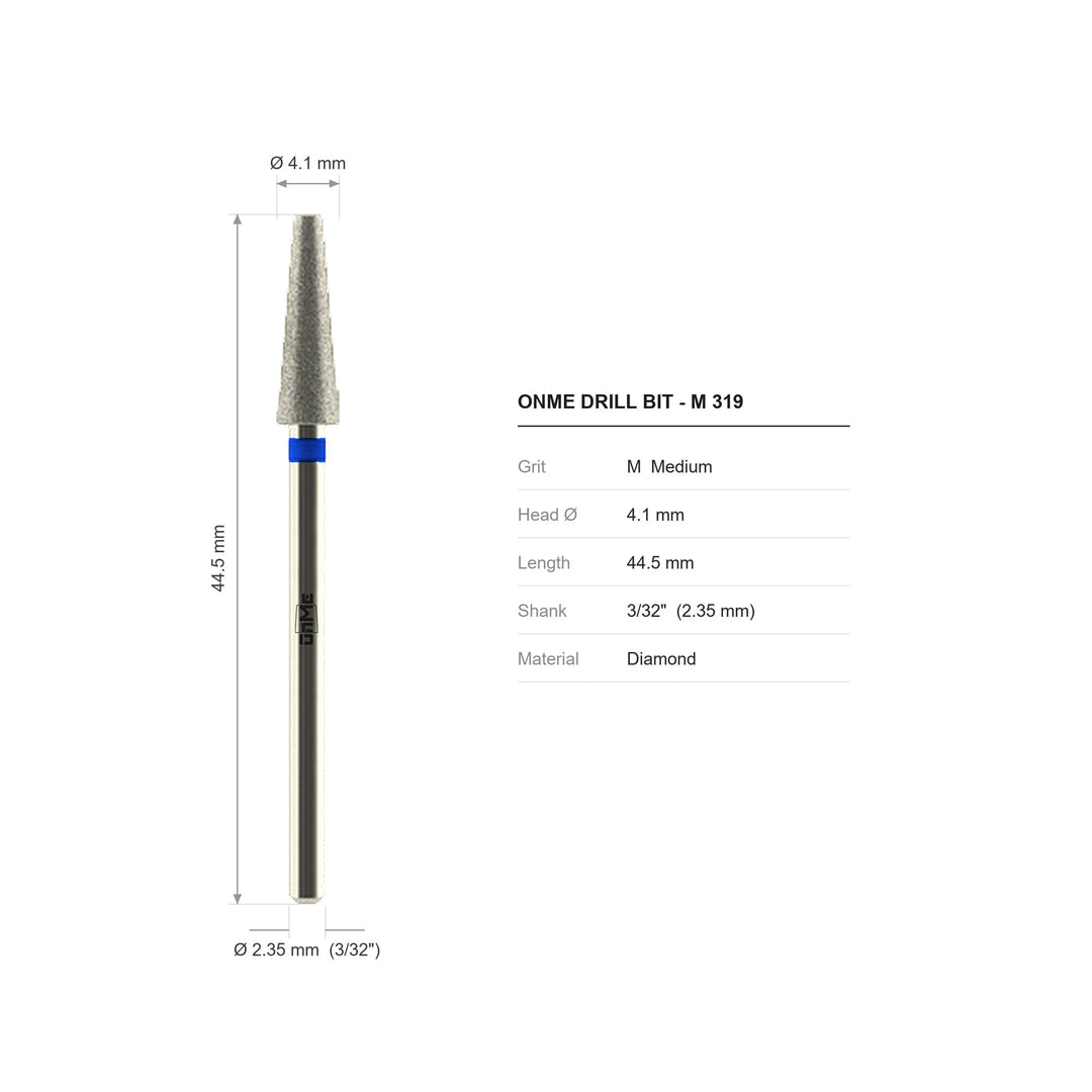 ONME M 319 tapered diamond nail drill bit: 4.1 mm head, 44.5 mm long, 3/32 inch shank, grit M