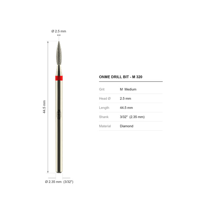 ONME M 320 flame diamond nail drill bit: 2.4 mm head, 44.5 mm long, 3/32 inch shank, grit M