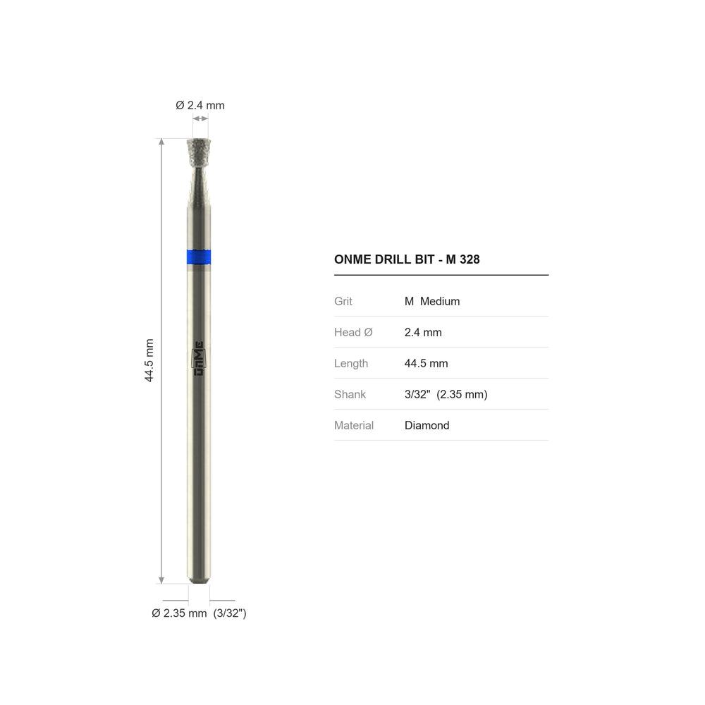 ONME M 328 inverted cone diamond nail drill bit: 2.4 mm head, 44.5 mm long, 3/32 inch shank, grit M