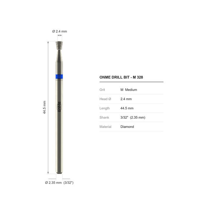 ONME M 328 inverted cone diamond nail drill bit: 2.4 mm head, 44.5 mm long, 3/32 inch shank, grit M