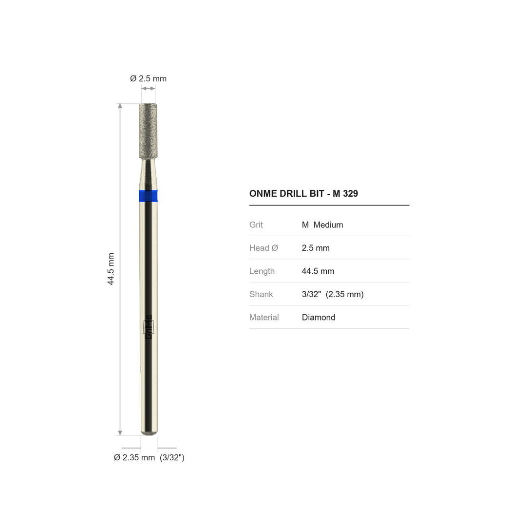 ONME M 329 barrel diamond nail drill bit: 2.5 mm head, 44.5 mm long, 3/32 inch shank, grit M