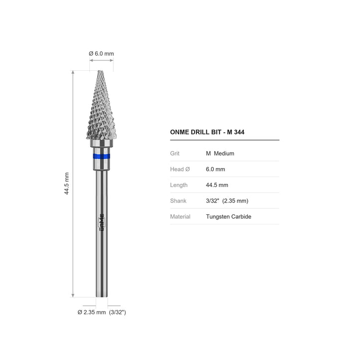 ONME M 344 cone carbide nail drill bit: 6.0 mm head, 44.5 mm long, 3/32 inch shank, grit M