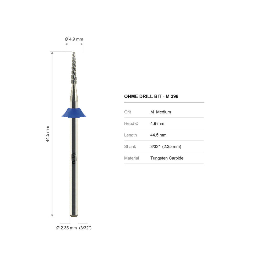 ONME M 398 slim cone carbide nail drill bit: 6.7 mm head, 44.5 mm long, 3/32 inch shank, grit M