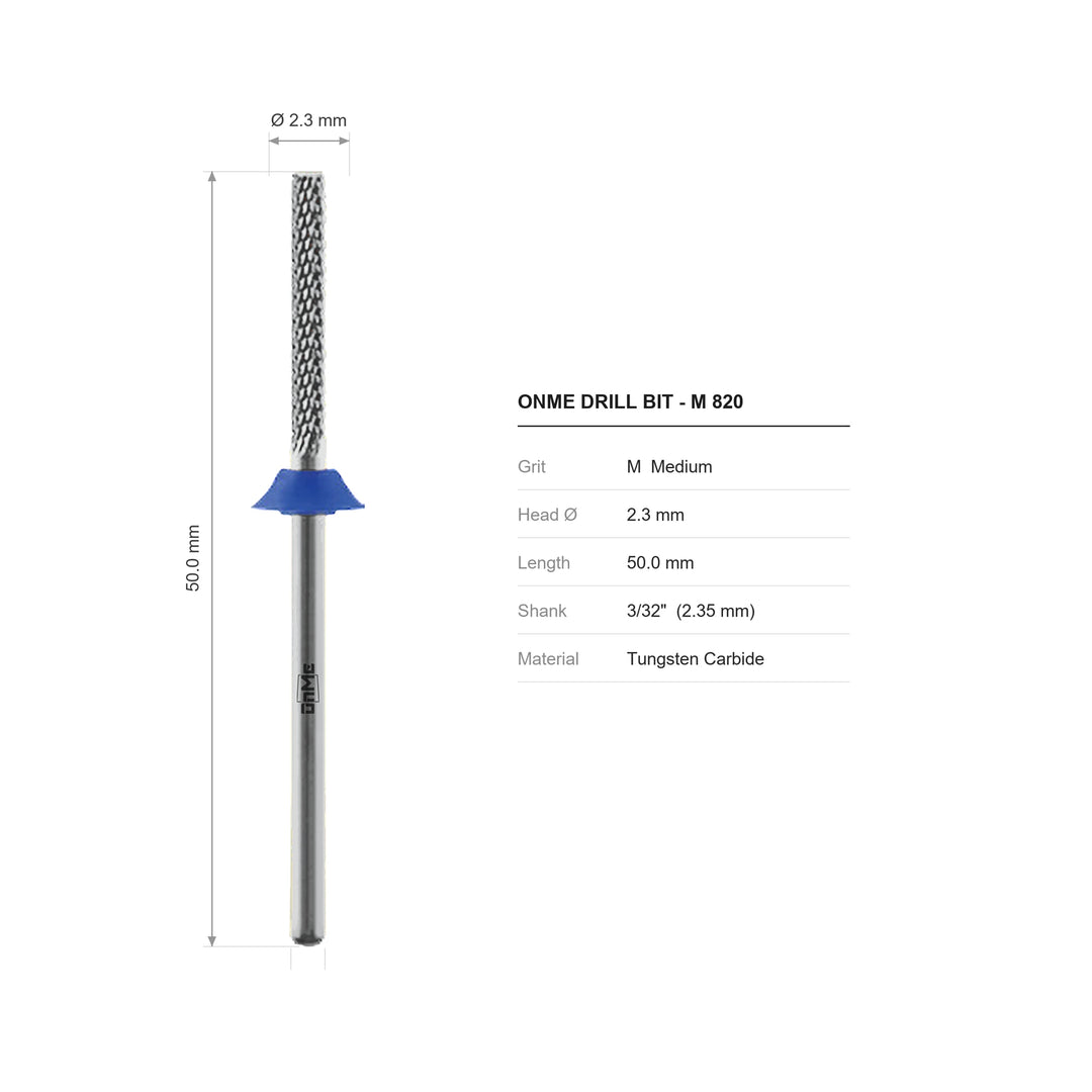 ONME M 820 long-flute mini barrel carbide nail drill bit: 2.3 mm head, 50.0 mm long, 3/32 inch shank, grit M