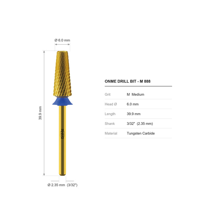 ONME M 888 5-in-1 tapered barrel carbide nail drill bit: 6.0 mm head, 39.9 mm long, 3/32 inch shank, grit M