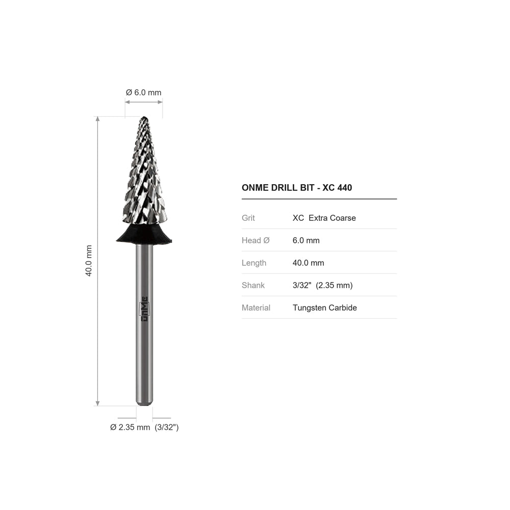ONME XC 440 tree / cone shape carbide nail drill bit: 6.0 mm head, 40.0 mm long, 3/32 inch shank, grit XC