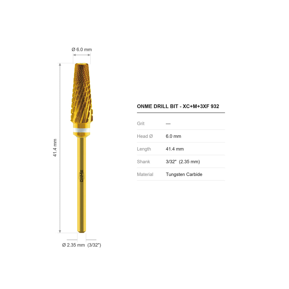 ONME XC+M+3XF 932 5-in-1 pro tapered barrel carbide nail drill bit: 6.0 mm head, 41.4 mm long, 3/32 inch shank, grit XC + M + 3XF