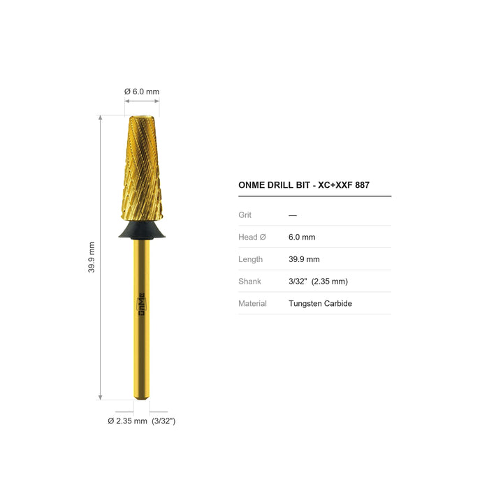 ONME XC+XXF 887 5-in-1 tapered barrel carbide nail drill bit: 6.0 mm head, 39.9 mm long, 3/32 inch shank, grit XC + XXF
