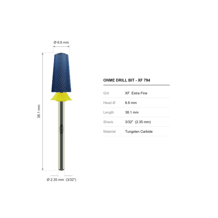 ONME XF 794 smooth tapered barrel carbide nail drill bit: 6.6 mm head, 38.1 mm long, 3/32 inch shank, grit XF