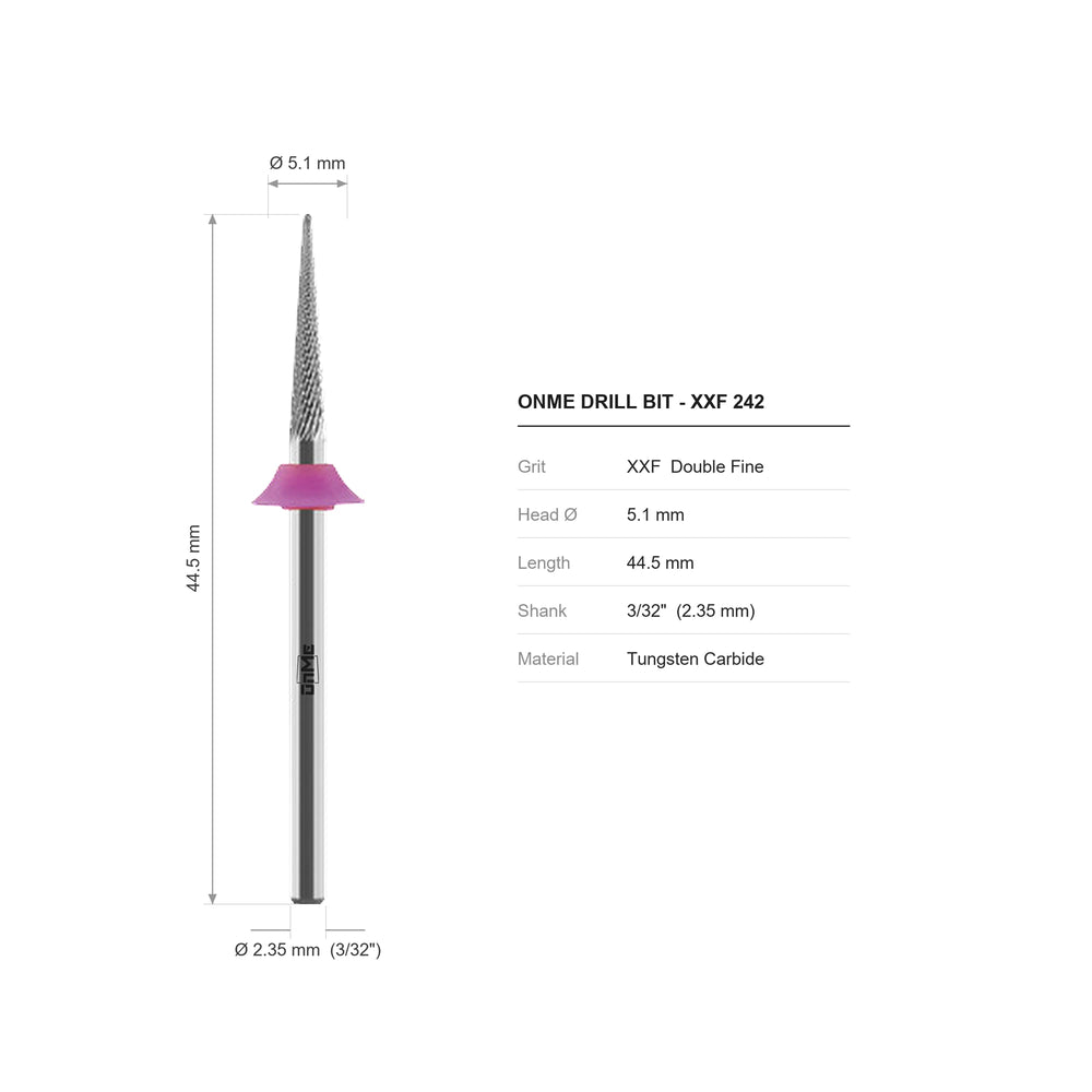 ONME XXF 242 sharp cone carbide nail drill bit: 7.3 mm head, 44.5 mm long, 3/32 inch shank, grit XXF