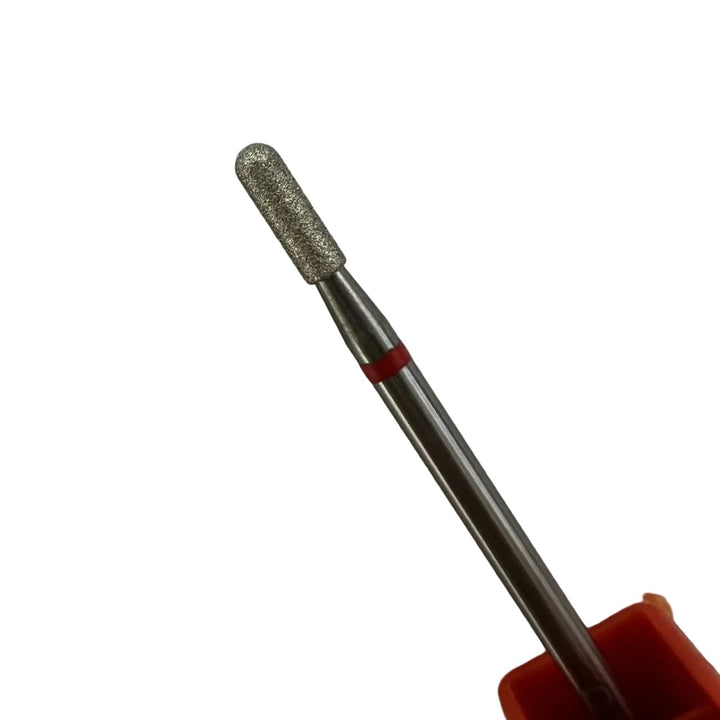 ONME F 214 rounded-top barrel diamond nail drill bit, close-up of the head