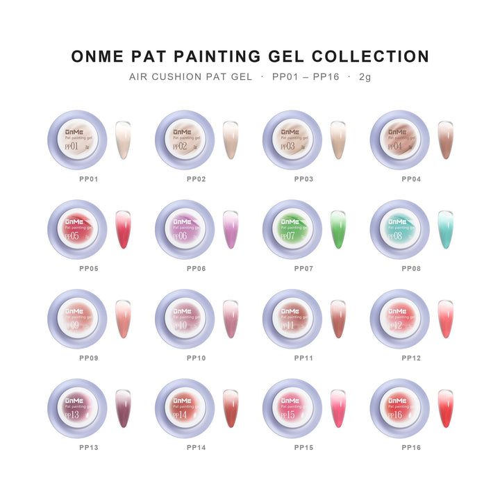 ONME Air Cushion Pat Painting Gel collection, 16 shades PP01 to PP16 with ombre nail swatches