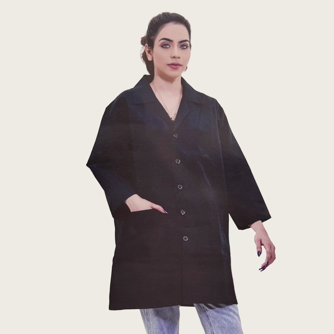 Model wearing the Silver Star Lab Coat SS-004 in black, long sleeves