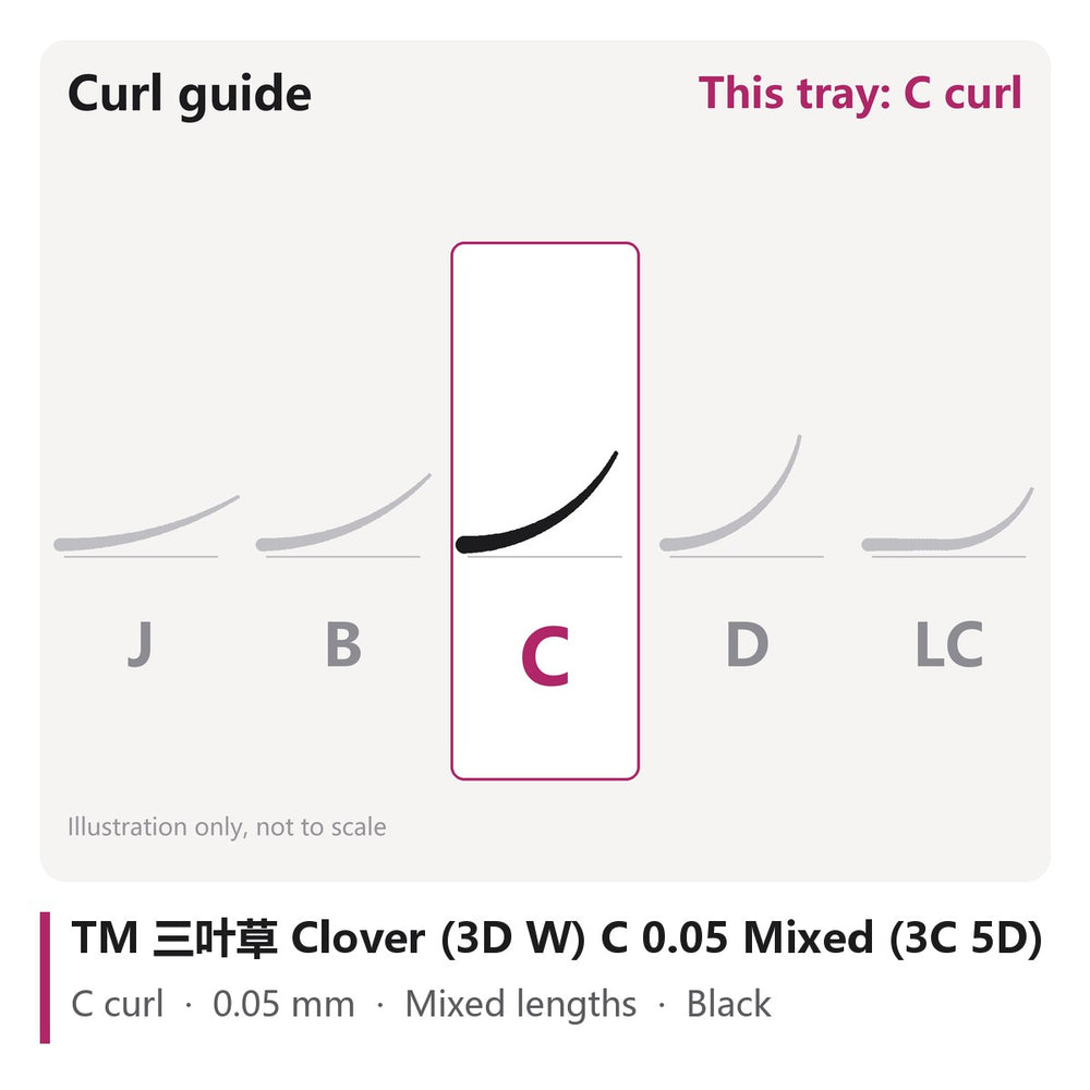 TM 三叶草 Clover (3D W) Lash Extensions C 0.05 Mixed (3C 5D), curl chart showing C curl