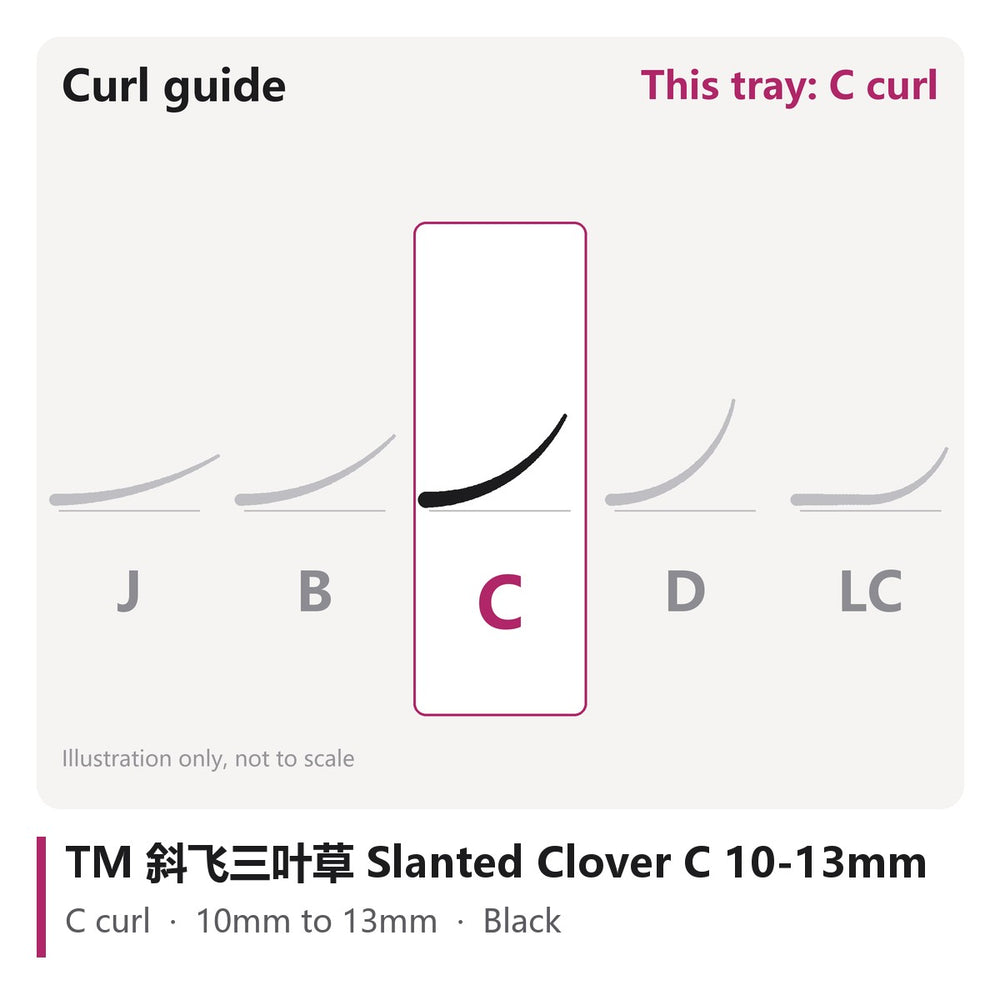 TM 斜飞三叶草 Slanted Clover Lash Extensions C 10-13mm, curl chart showing C curl