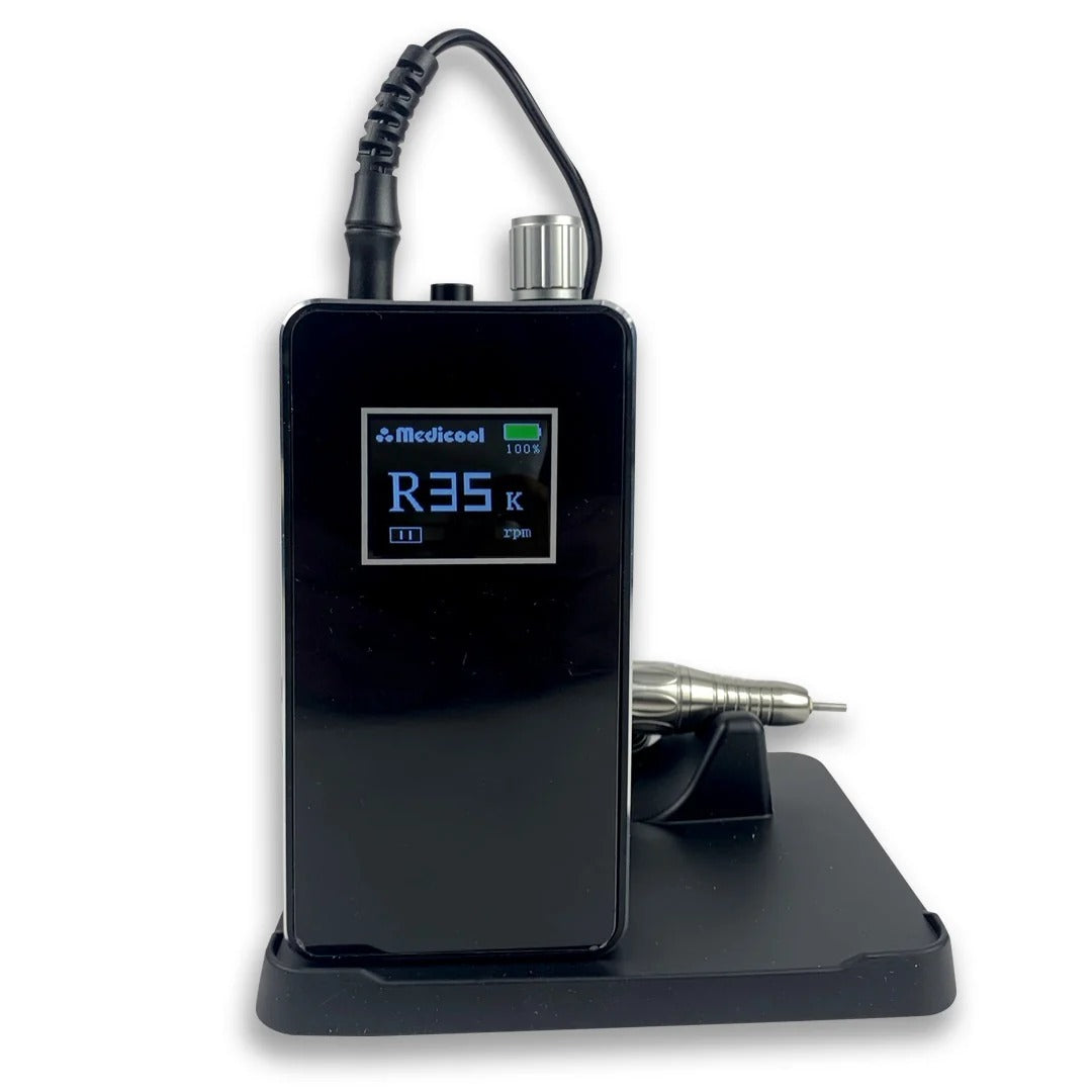 Medicool Pro Power Elite e-file in Black, upright on its stand, front view