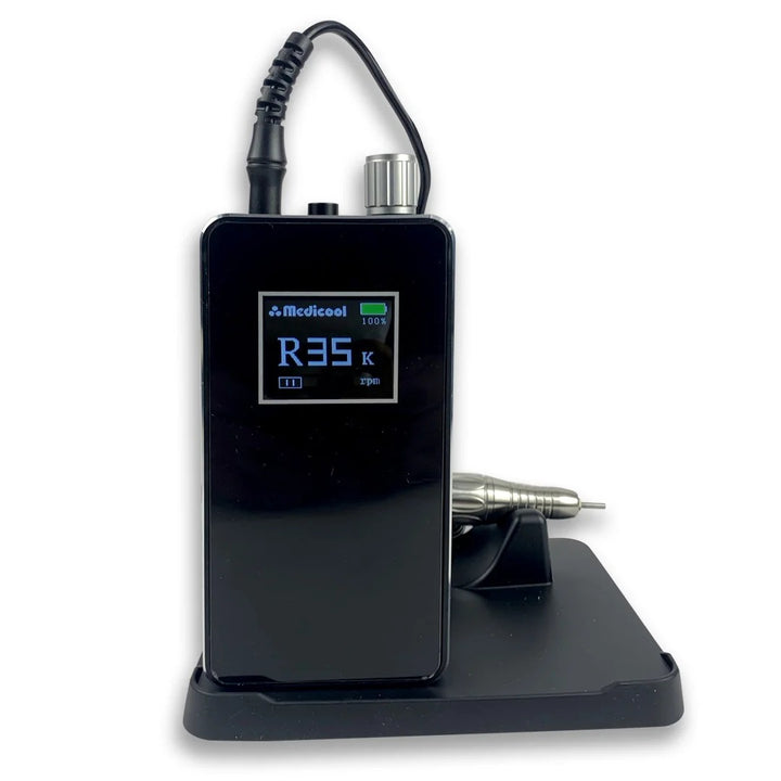 Medicool Pro Power Elite e-file in Black, upright on its stand, front view
