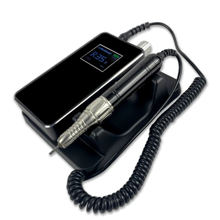 Medicool Pro Power Elite e-file in Black in its cradle with the handpiece, angled view