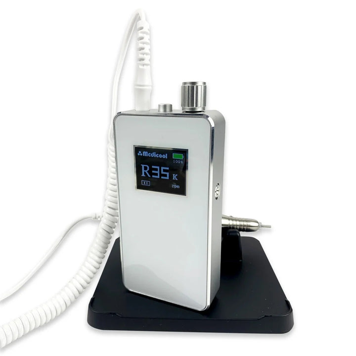 Medicool Pro Power Elite e-file in White, upright on its stand, side view