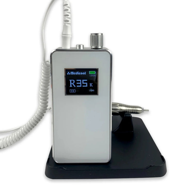 Medicool Pro Power Elite e-file in White, upright on its stand, front view
