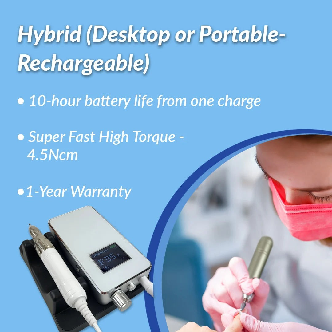 Medicool Pro Power Elite features: hybrid desktop or portable, 10-hour battery, 4.5 Ncm torque, 1-year warranty