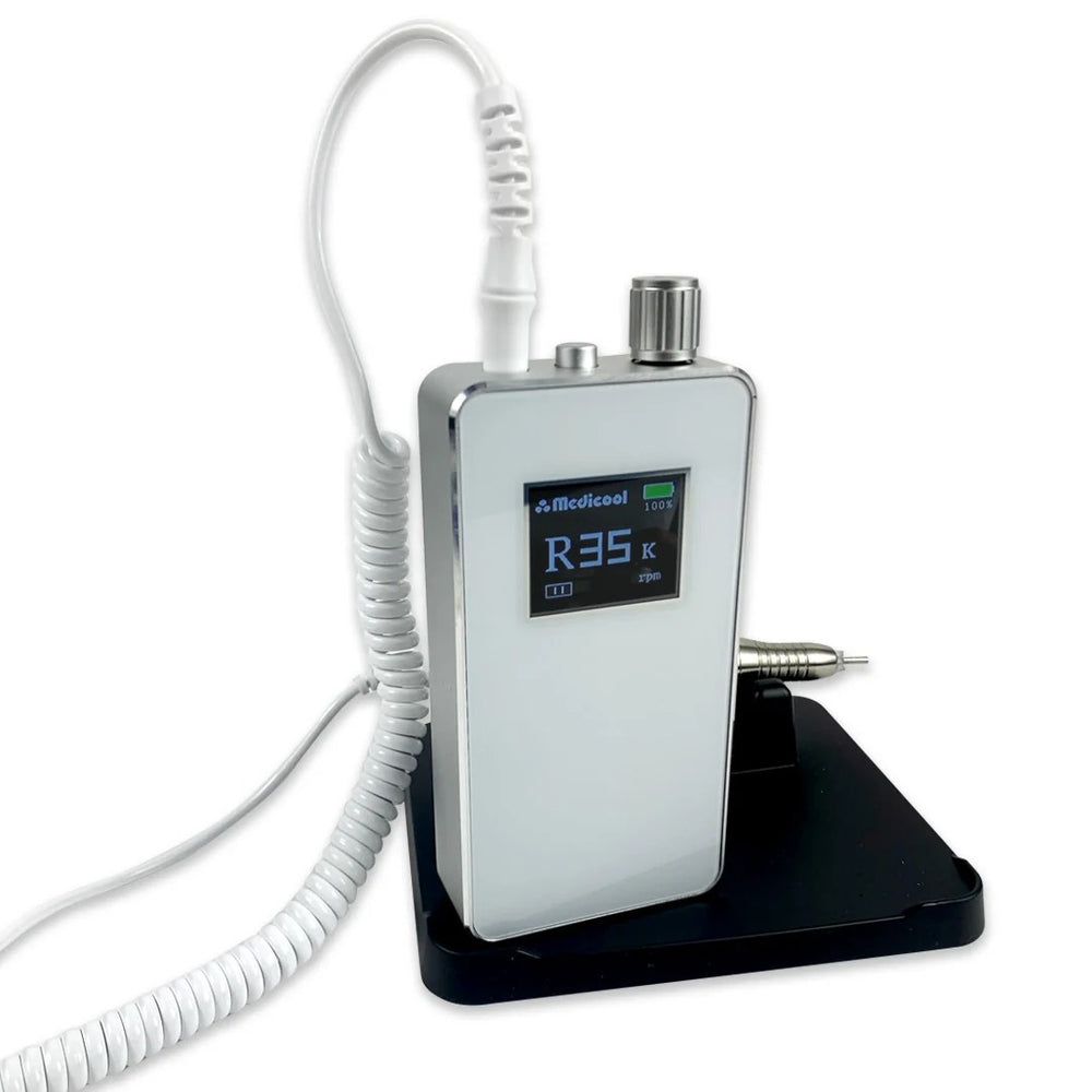 Medicool Pro Power Elite e-file in White, upright on its stand, angled view