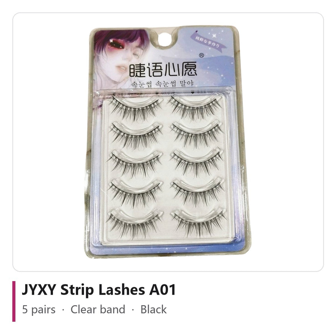 JYXY Strip Lashes A01 - 5 pairs, Clear band, Black