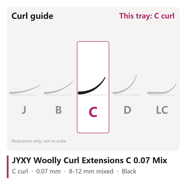 JYXY Woolly Curl Extensions C 0.07 Mix - curl guide, C curl highlighted