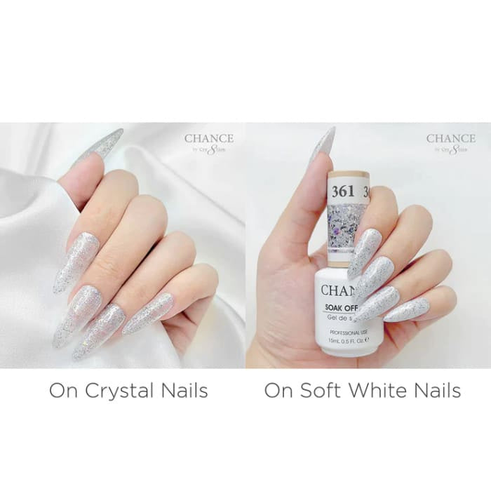 Chance Diamond Dust 361 gel polish swatched over crystal nails and soft white nails