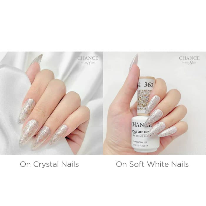 Chance Diamond Dust 362 gel polish swatched over crystal nails and soft white nails