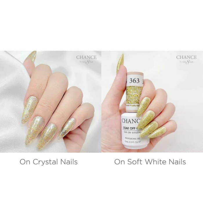 Chance Diamond Dust 363 gel polish swatched over crystal nails and soft white nails