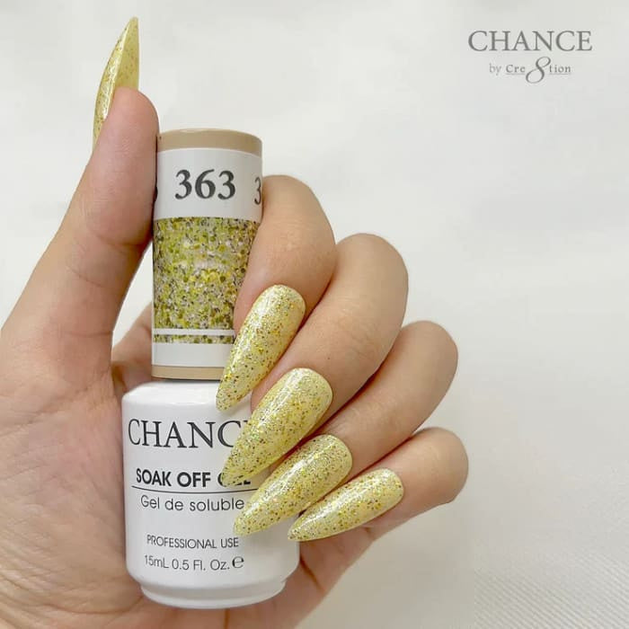 Chance Diamond Dust 363 soak-off gel polish 0.5 oz, bottle held in hand with painted nails