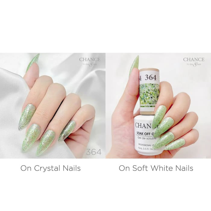 Chance Diamond Dust 364 gel polish swatched over crystal nails and soft white nails