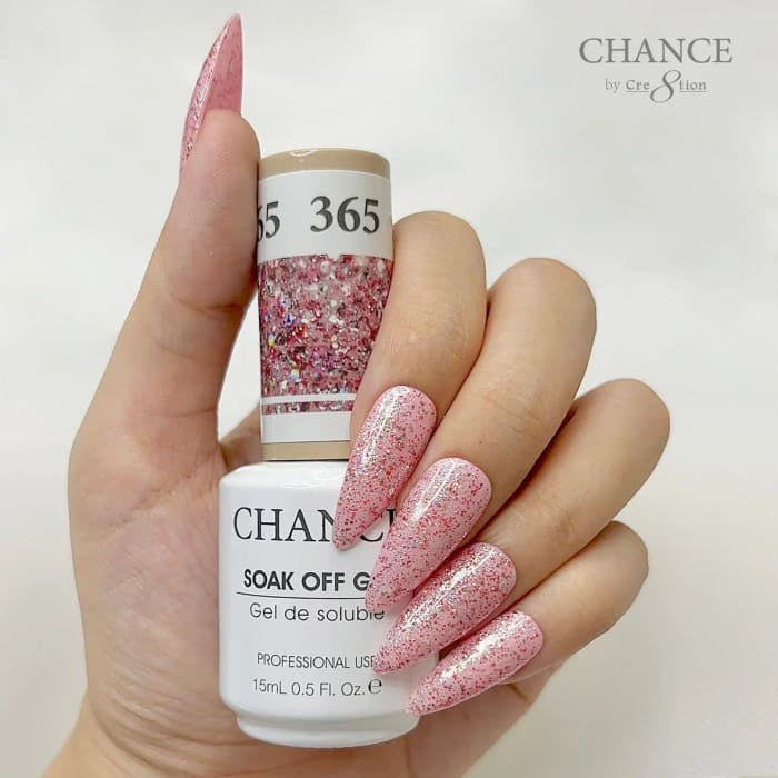 Chance Diamond Dust 365 soak-off gel polish 0.5 oz, bottle held in hand with painted nails