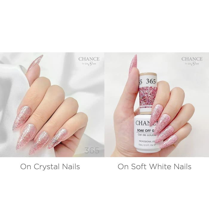 Chance Diamond Dust 365 gel polish swatched over crystal nails and soft white nails