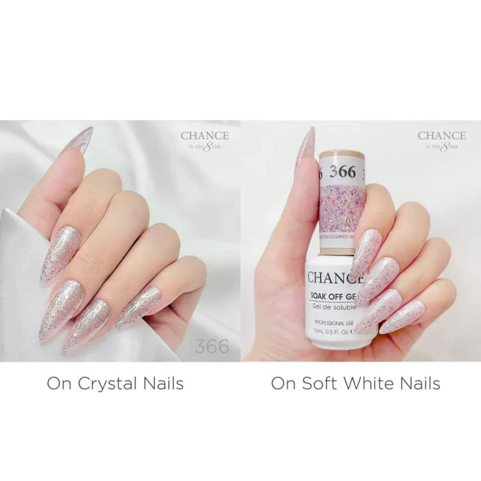 Chance Diamond Dust 366 gel polish swatched over crystal nails and soft white nails