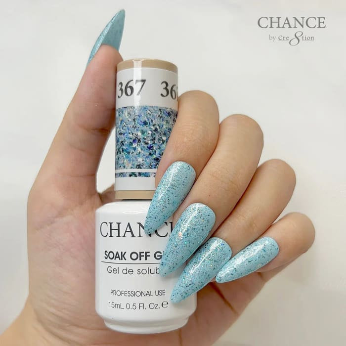Chance Diamond Dust 367 soak-off gel polish 0.5 oz, bottle held in hand with painted nails