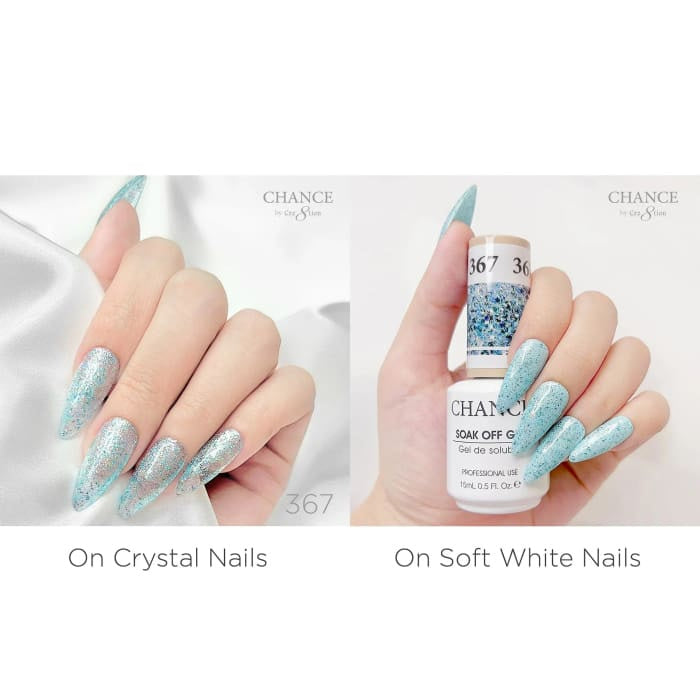 Chance Diamond Dust 367 gel polish swatched over crystal nails and soft white nails