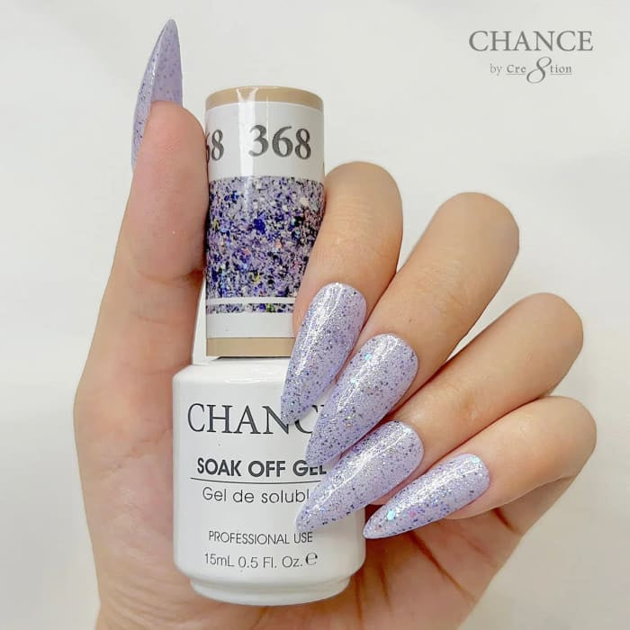 Chance Diamond Dust 368 soak-off gel polish 0.5 oz, bottle held in hand with painted nails